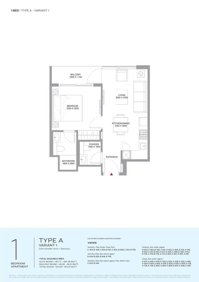 sobha starling beach residence 1bd type a variant 1
