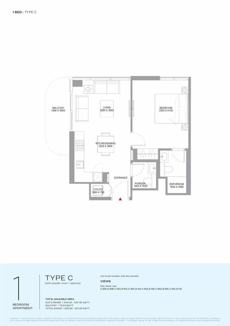 sobha starling beach residence 1bd type a variant 1 1bd type c