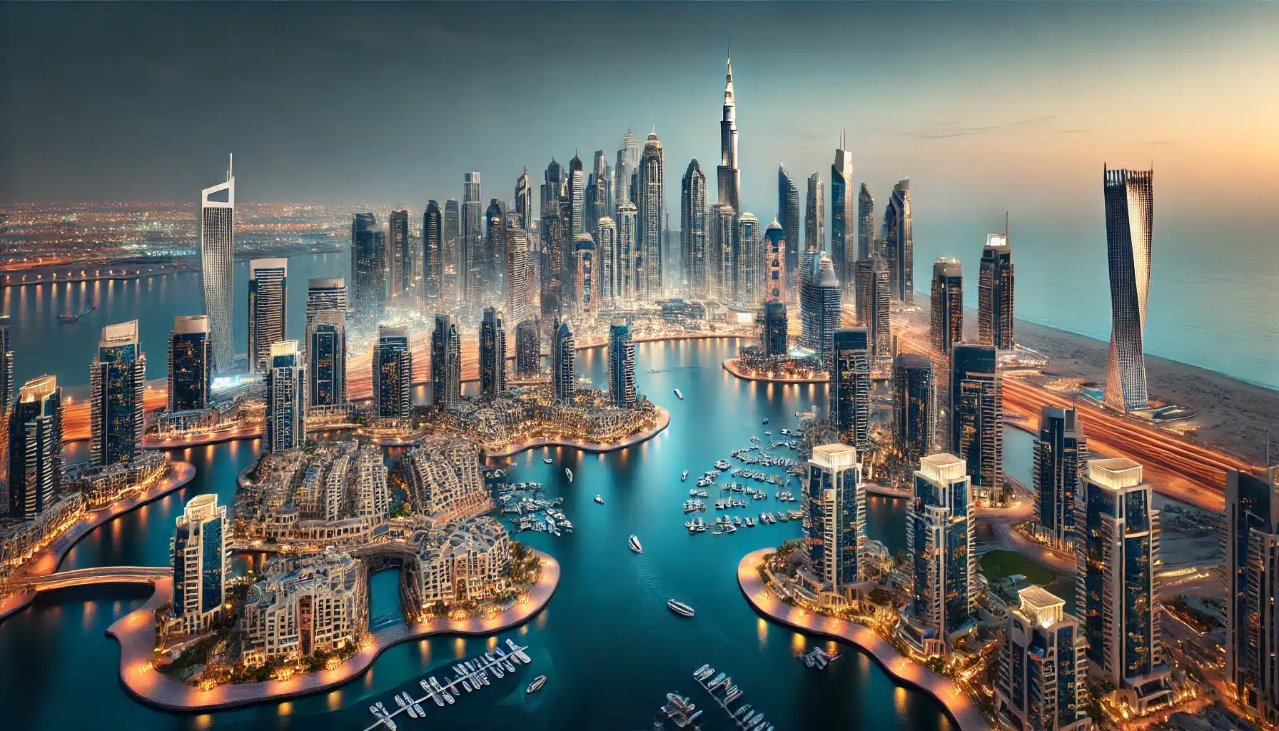 A panoramic view of Dubai's upscale property market, highlighting modern skyscrapers, waterfront residences, and illuminated buildings at dusk.
