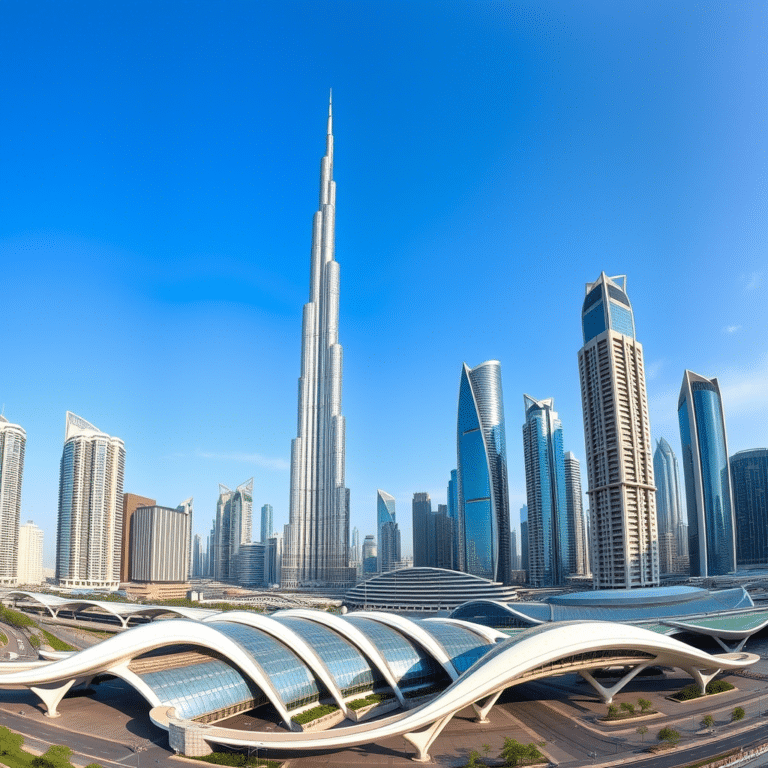 Dubai skyline with Burj Khalifa, futuristic transport hub, and modern skyscrapers under a clear blue sky.