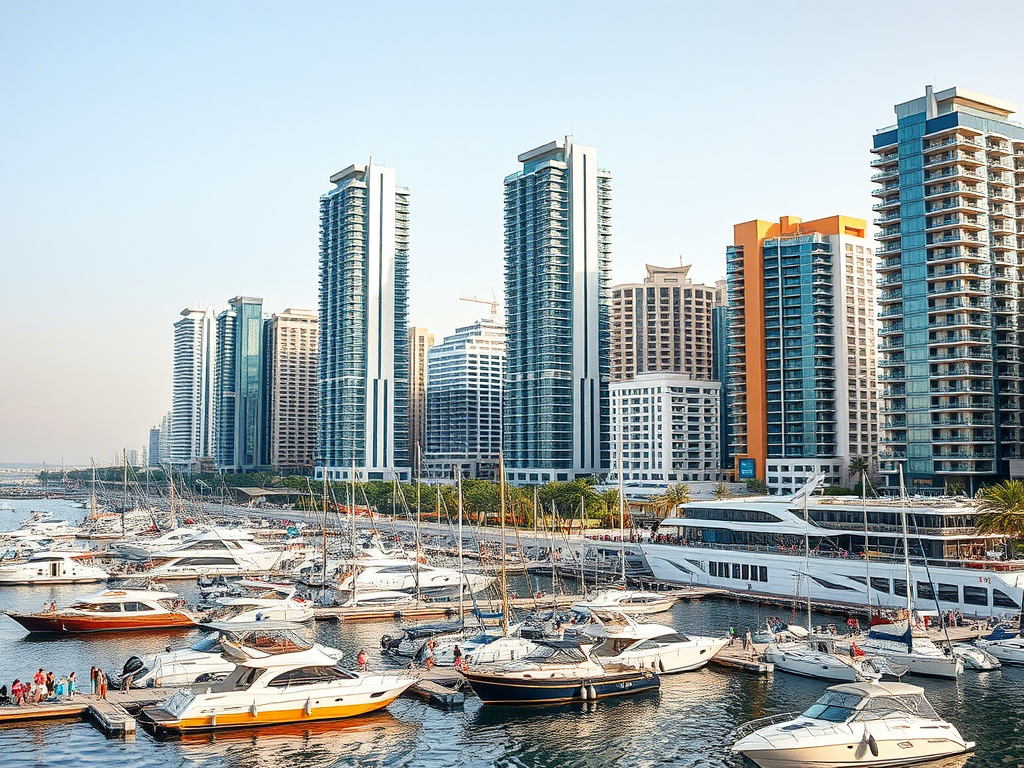 Boats docked in a marina with tall buildings in the background, showcasing the luxury living in Umm Al Quwain's coastal megaproject.