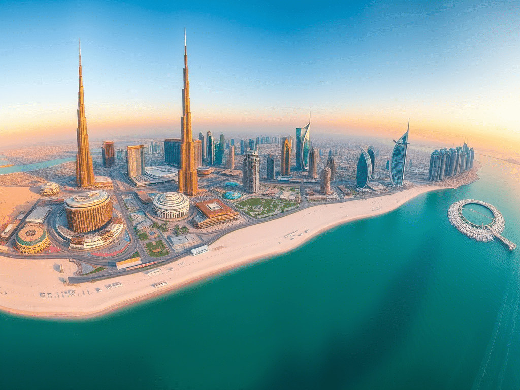 A panoramic view of Dubai’s skyline featuring iconic skyscrapers, modern architecture, and coastal scenery under a clear blue sky.