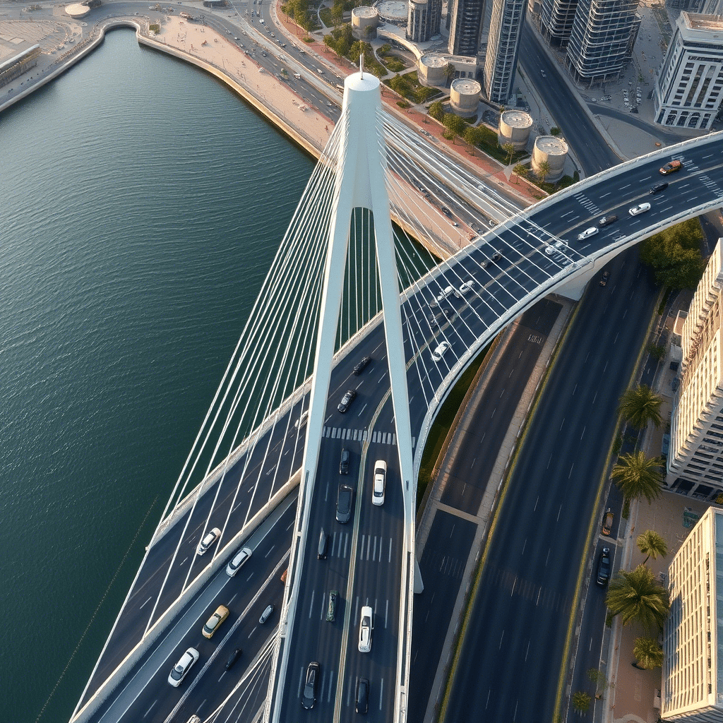 Aerial view of a modern cable-stayed bridge over Dubai Creek with busy traffic.
