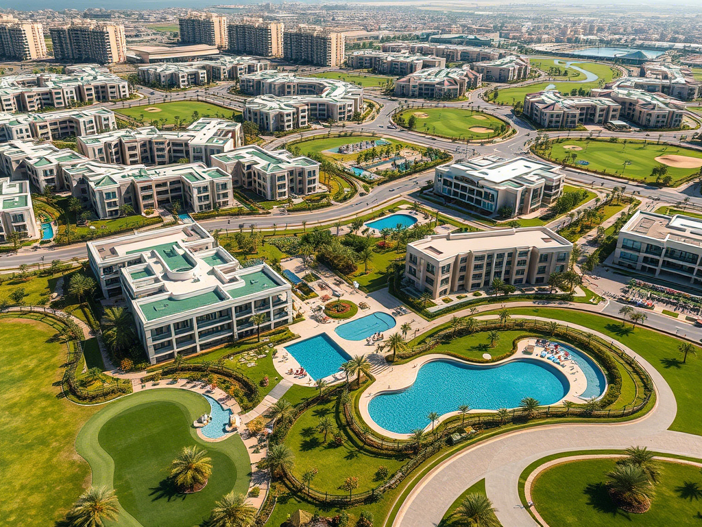 1. Aerial view of a golf course and residential buildings, highlighting Dubai's largest luxury community near Emirates Hills.