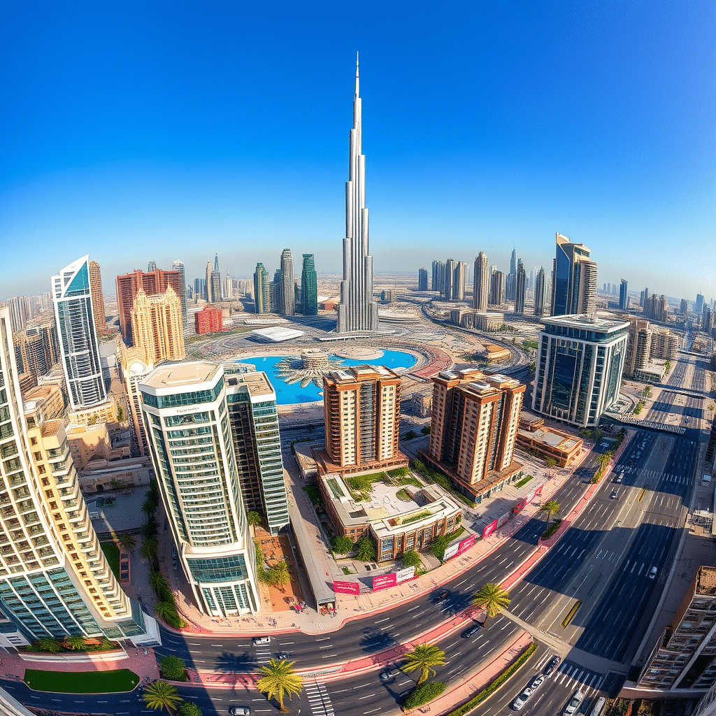 Aerial view of Downtown Dubai showcasing the Burj Khalifa, surrounding skyscrapers, roads, and the Dubai Fountain under a clear blue sky.

