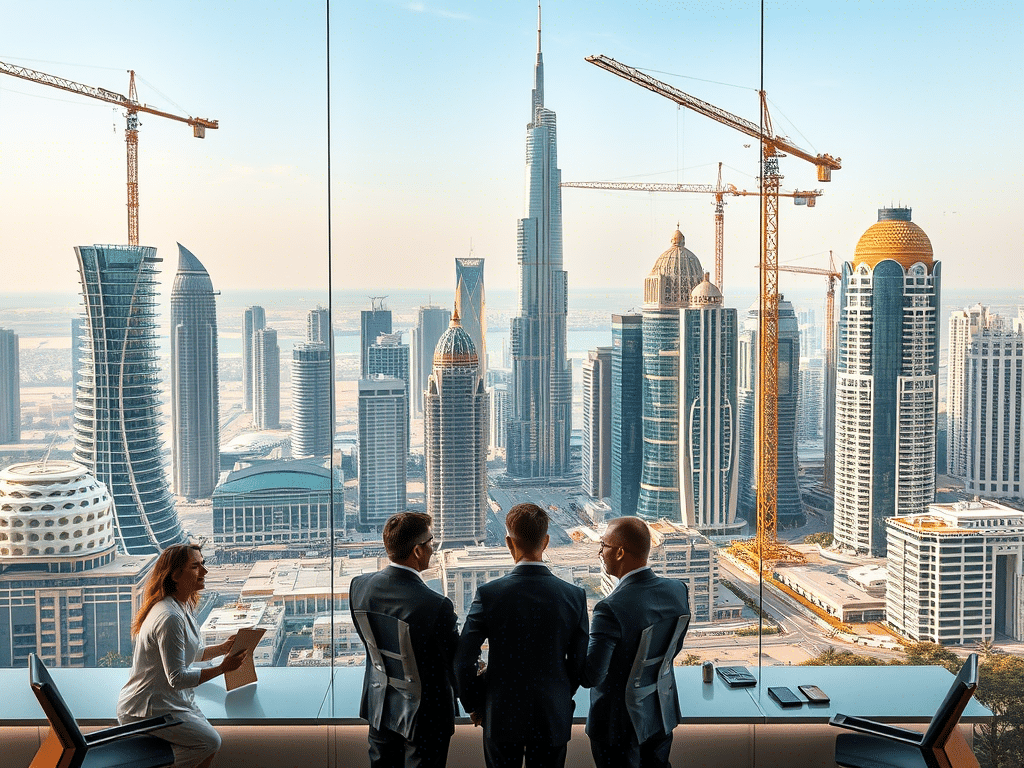 Three colleagues observing a bustling cityscape from an office window, showcasing a panoramic view of urban life.