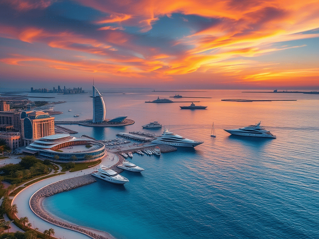 Dubai skyline at sunset, showcasing urban development aligned with the 2040 Vision for security and sustainability.