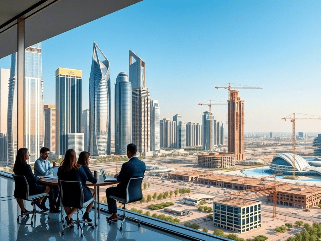 A group of people seated at a table by a window, discussing real estate trends with a city view in the background.