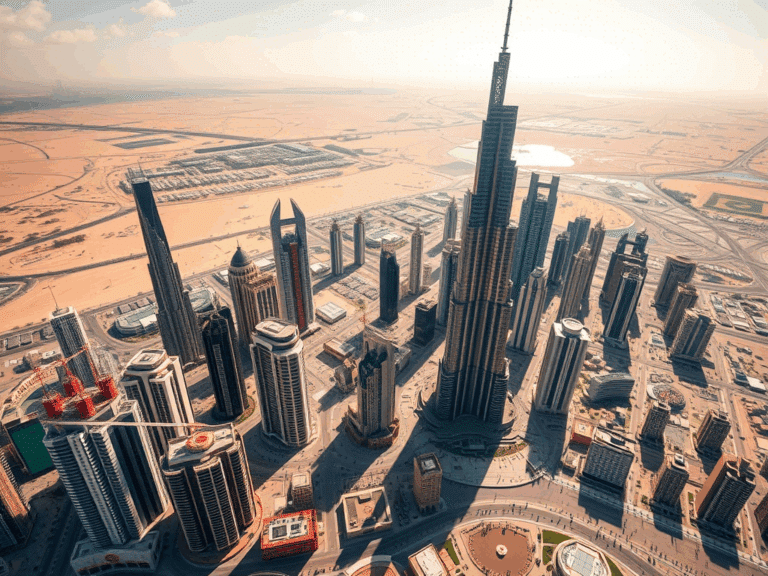 Aerial view of the Burj Khalifa in Dubai, showcasing its towering height amidst the city skyline.