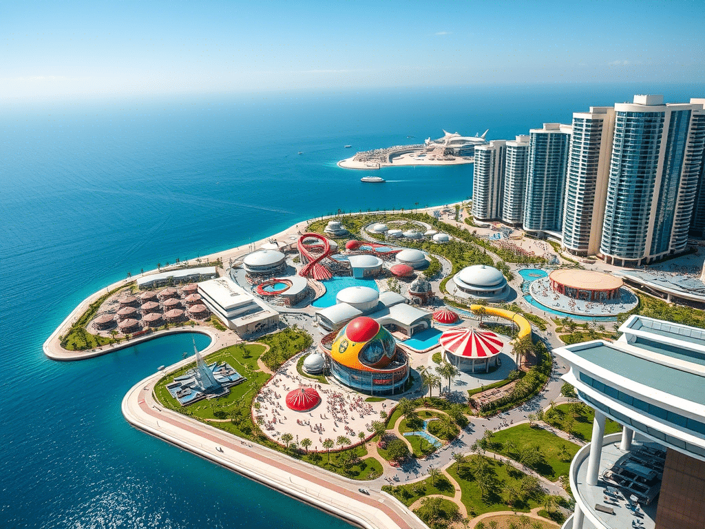 A panoramic view of Dubai's skyline along the waterfront, showcasing modern architecture and vibrant city life.