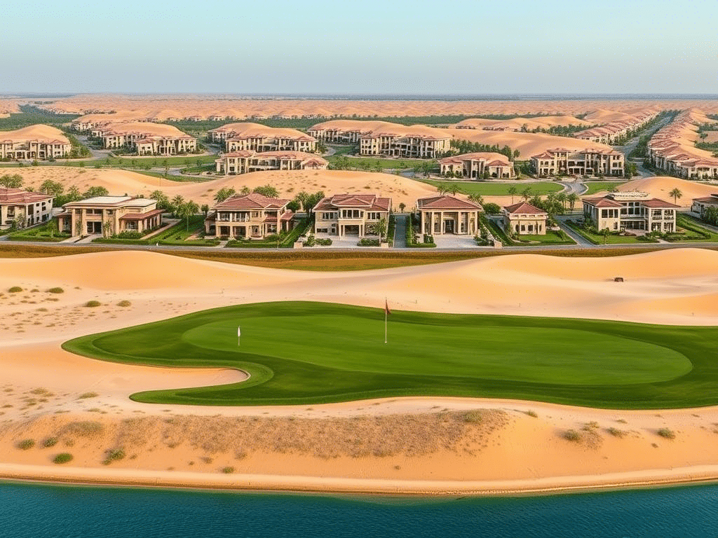 A scenic view of the golf course at Discovery Dunes, surrounded by Dubai's desert landscape and luxury residences.