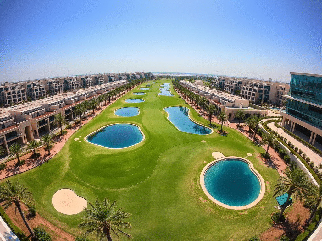 Expansive golf course at Dubai's Royal Palaces, featuring luxury homes in the prestigious Wasl Jumeirah Golf Estates.

