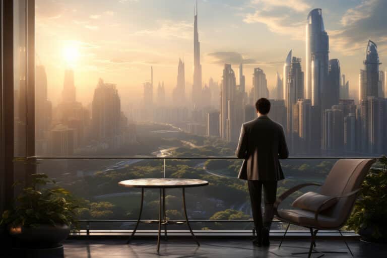 A man in a suit stands on a high-rise balcony at sunset, gazing at a futuristic cityscape filled with towering, sleek skyscrapers and lush green spaces below.