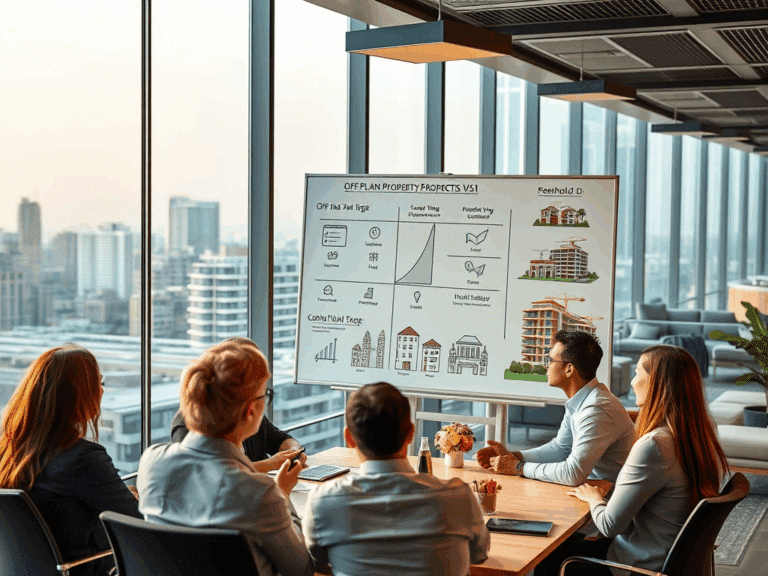 Business professionals discussing strategies in a meeting room, with a whiteboard displaying "Golden Visa & Freehold Boost" concepts.