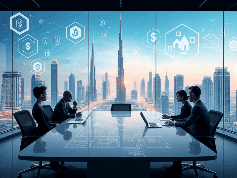 Business professionals at a table discussing blockchain in front of a Dubai skyline, highlighting tech-driven real estate trends.
