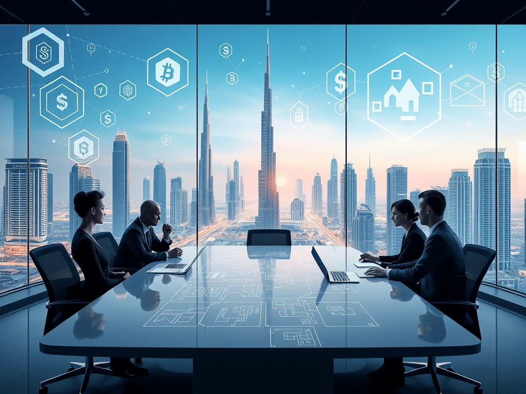 Business professionals at a table discussing blockchain in front of a Dubai skyline, highlighting tech-driven real estate trends.