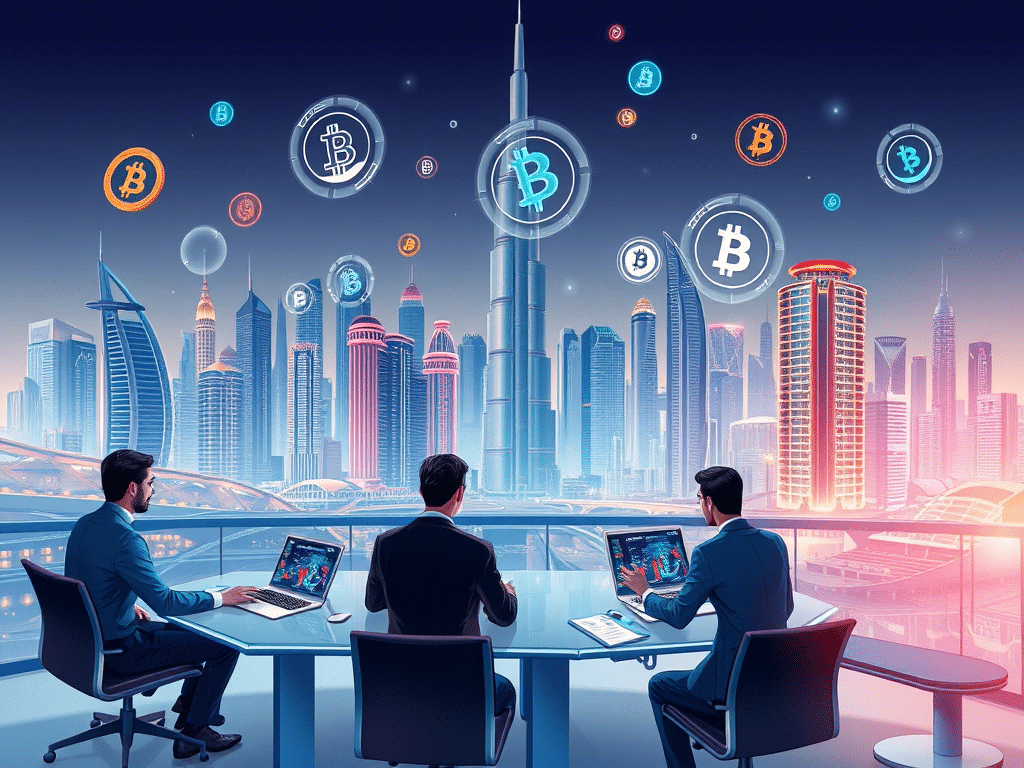 Three people seated at a table with laptops, surrounded by bitcoin symbols, focusing on Dubai's 2025 tech revolution.
