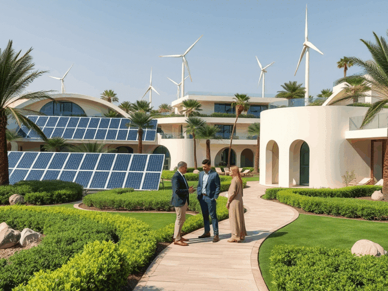 A man and woman stroll through a garden featuring solar panels and wind turbines, highlighting sustainable tourism trends in the UAE.