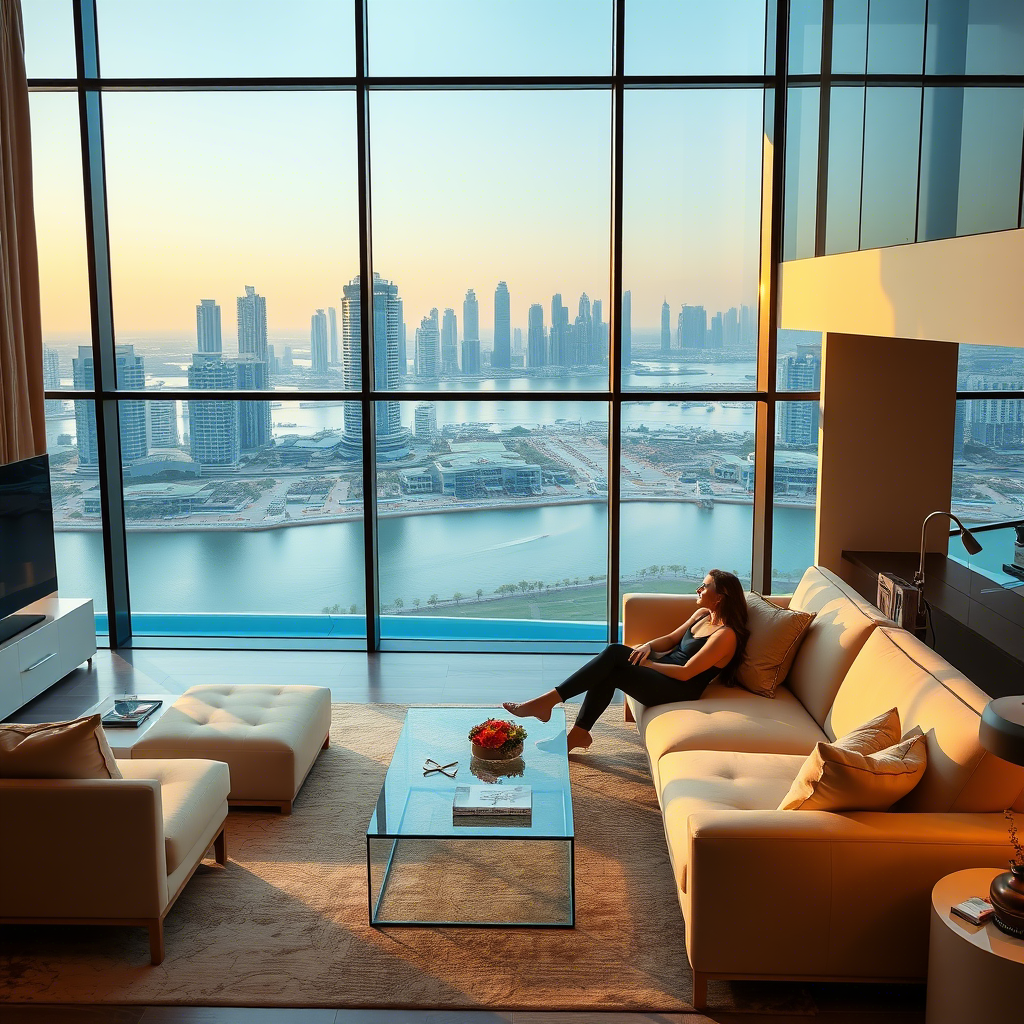 Woman relaxing on a modern sofa in a luxury high-rise apartment with floor-to-ceiling windows overlooking Dubai’s skyline and waterfront at sunset.
