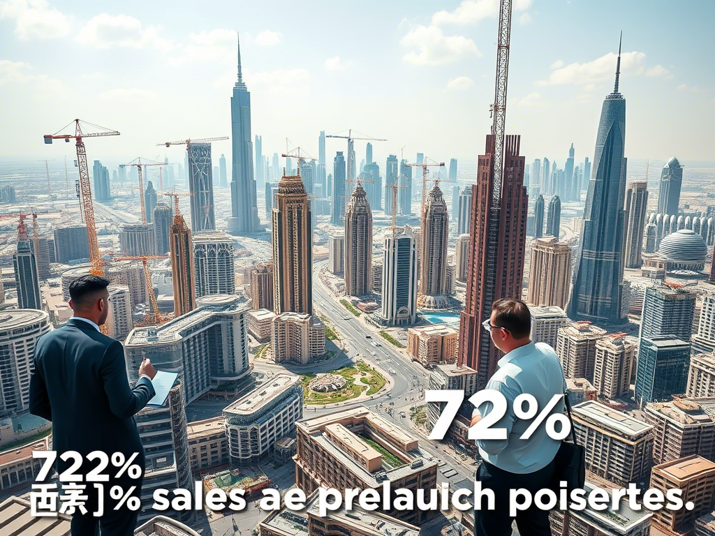 Two businessmen overlook Dubai’s skyline filled with skyscrapers and construction cranes, with large percentage figures and partially distorted text overlaid in the foreground.