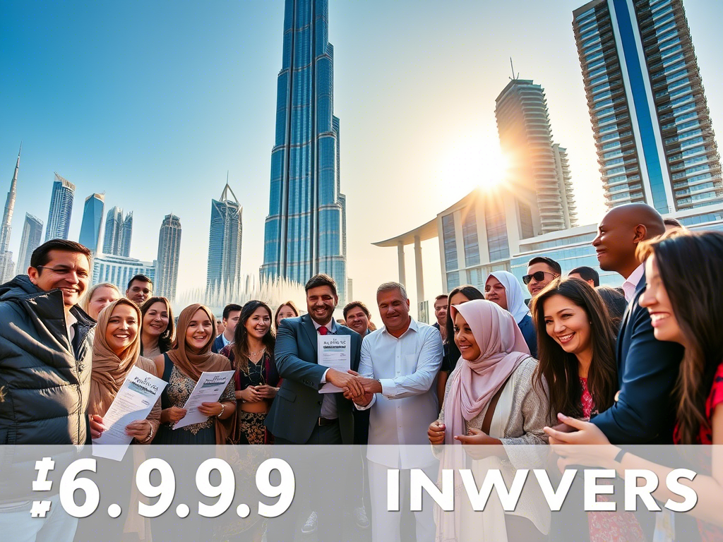 Diverse group celebrating a business deal near Burj Khalifa, with two men shaking hands and holding documents