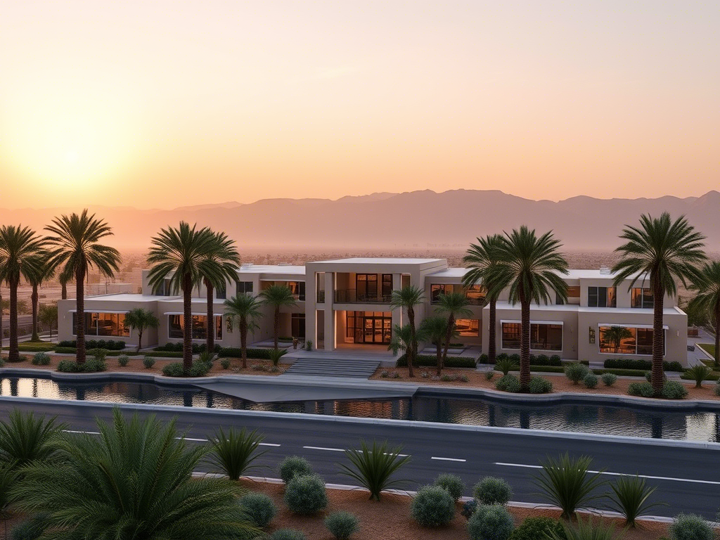 Luxury modern villa surrounded by palm trees and desert landscaping, with a reflecting water feature in front and mountain views in the background at sunset.









