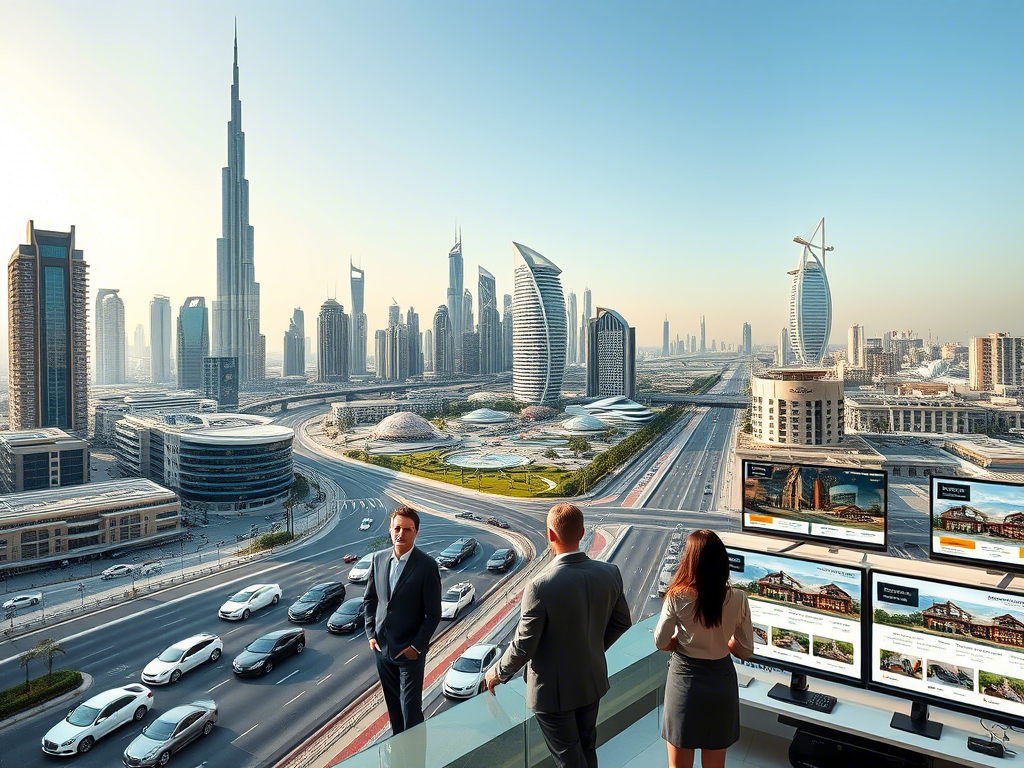 Real estate professionals overlooking Dubai's skyline from a modern rooftop office, with Burj Khalifa and Burj Al Arab visible, and multiple property listings displayed on computer screens in the foreground.