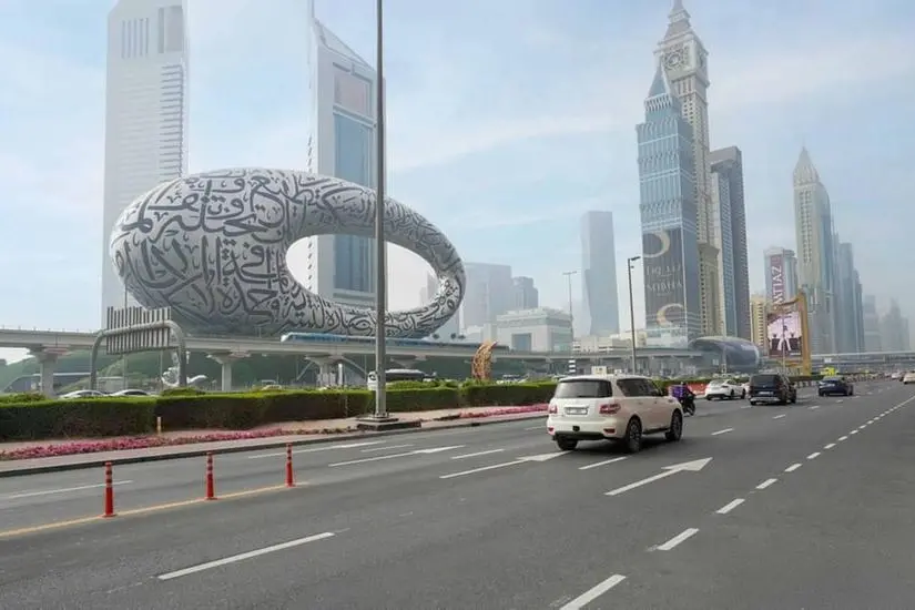 Infographic showing Dubai road upgrades reducing commute times by 75%, highlighting top real estate investment areas near improved traffic zones.