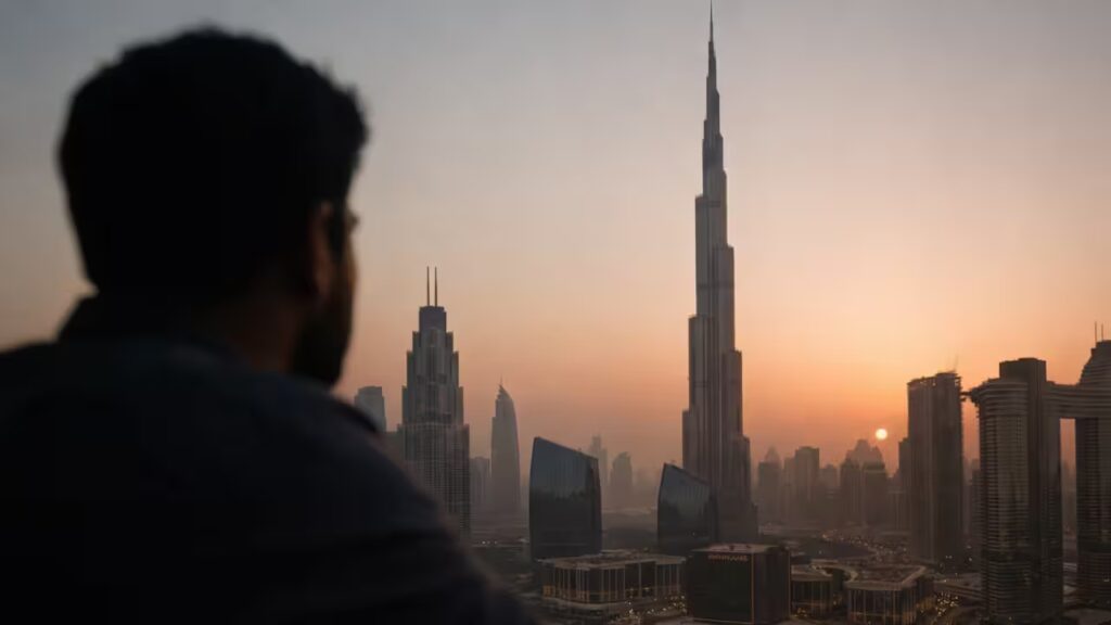 man looking and enjoying the sunset through byrj khalifa