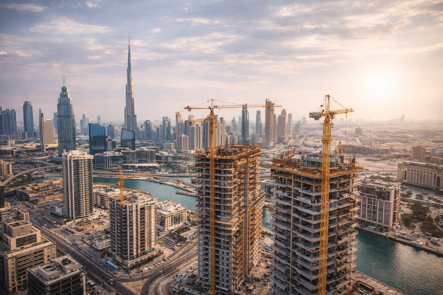 Dubai skyline and construction at sunset